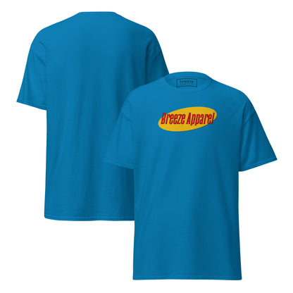 Blue t-shirt with graphic of 'Breeze Apparel' in red lettering over a yellow oval. Plain back also shown.