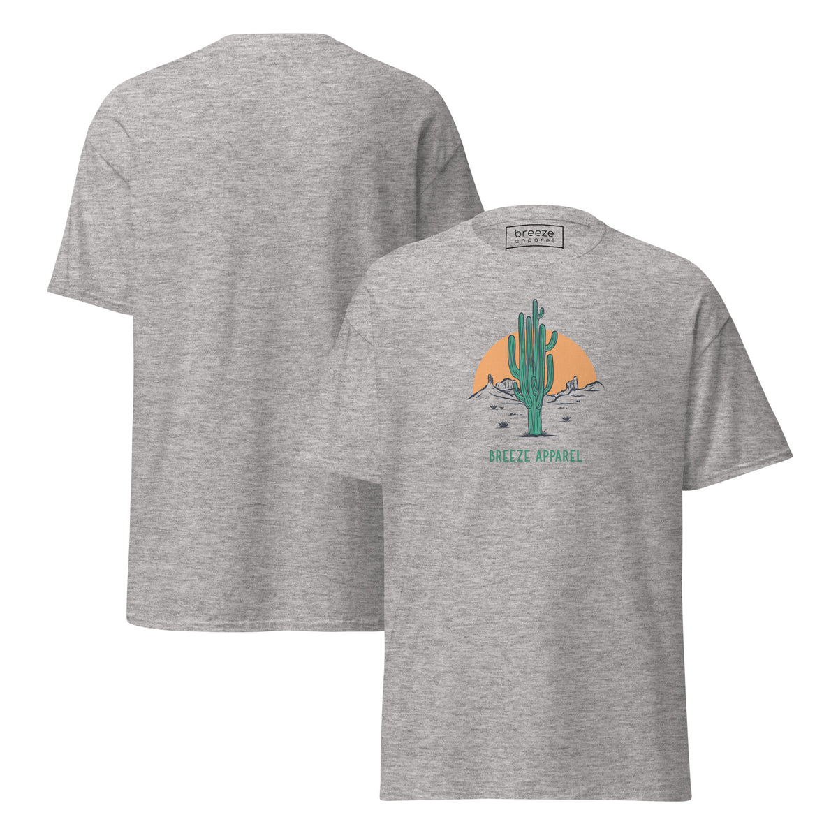 Sport-gray t-shirt with a graphic of a cactus and sunset, with 'Breeze Apparel' written in green below. Plain backside also shown.