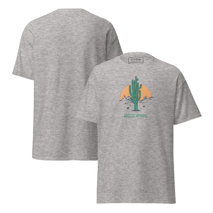 Sport-gray t-shirt with a graphic of a cactus and sunset, with 'Breeze Apparel' written in green below. Plain backside also shown.