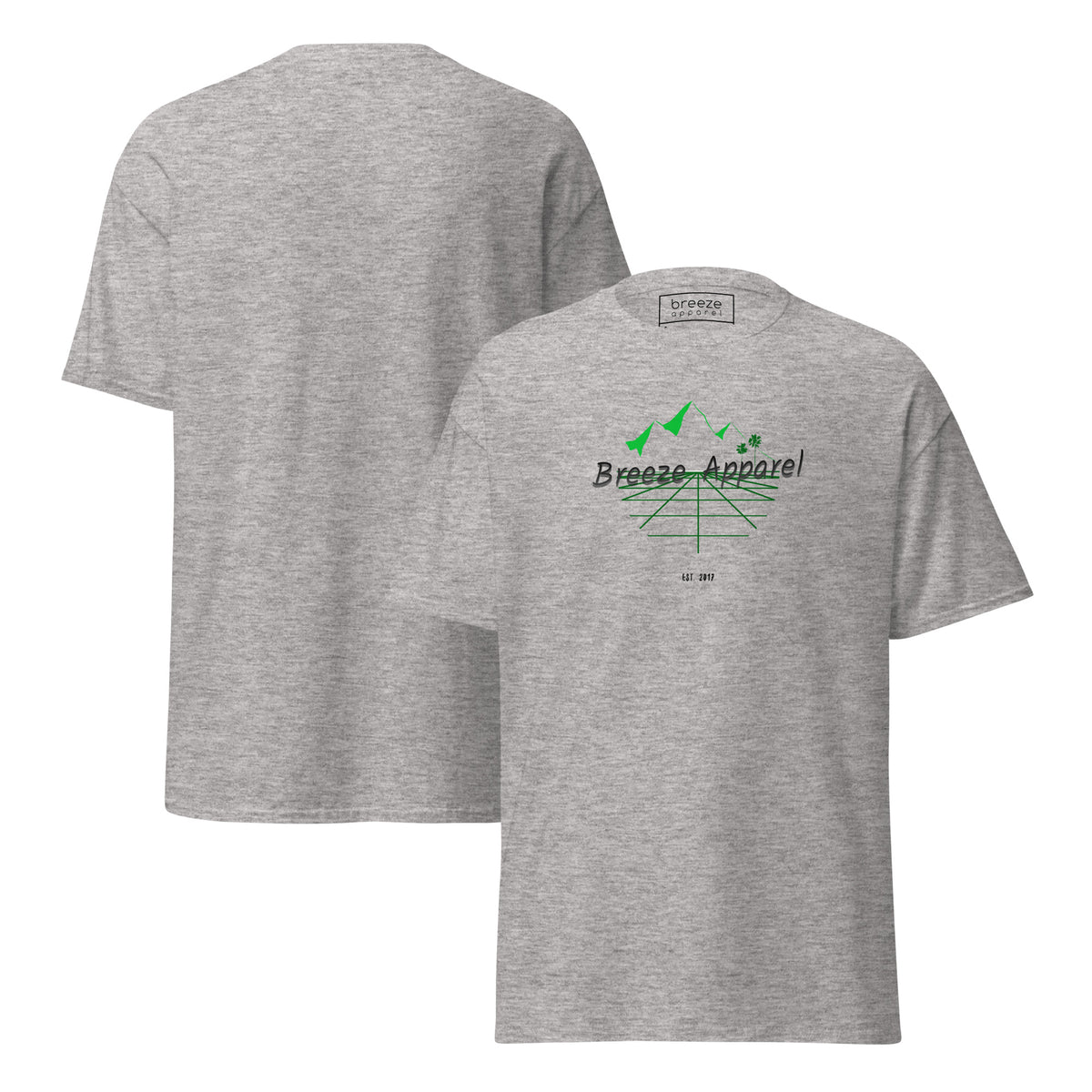 Sport-gray t-shirt with 'Breeze Apparel' logo set on a graphic of a grid, palm trees, and mountains. Plain backside also shown.