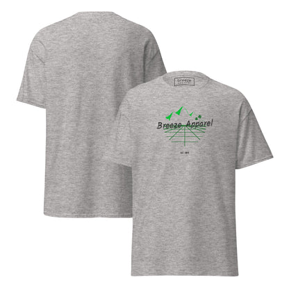 Sport-gray t-shirt with 'Breeze Apparel' logo set on a graphic of a grid, palm trees, and mountains. Plain backside also shown.