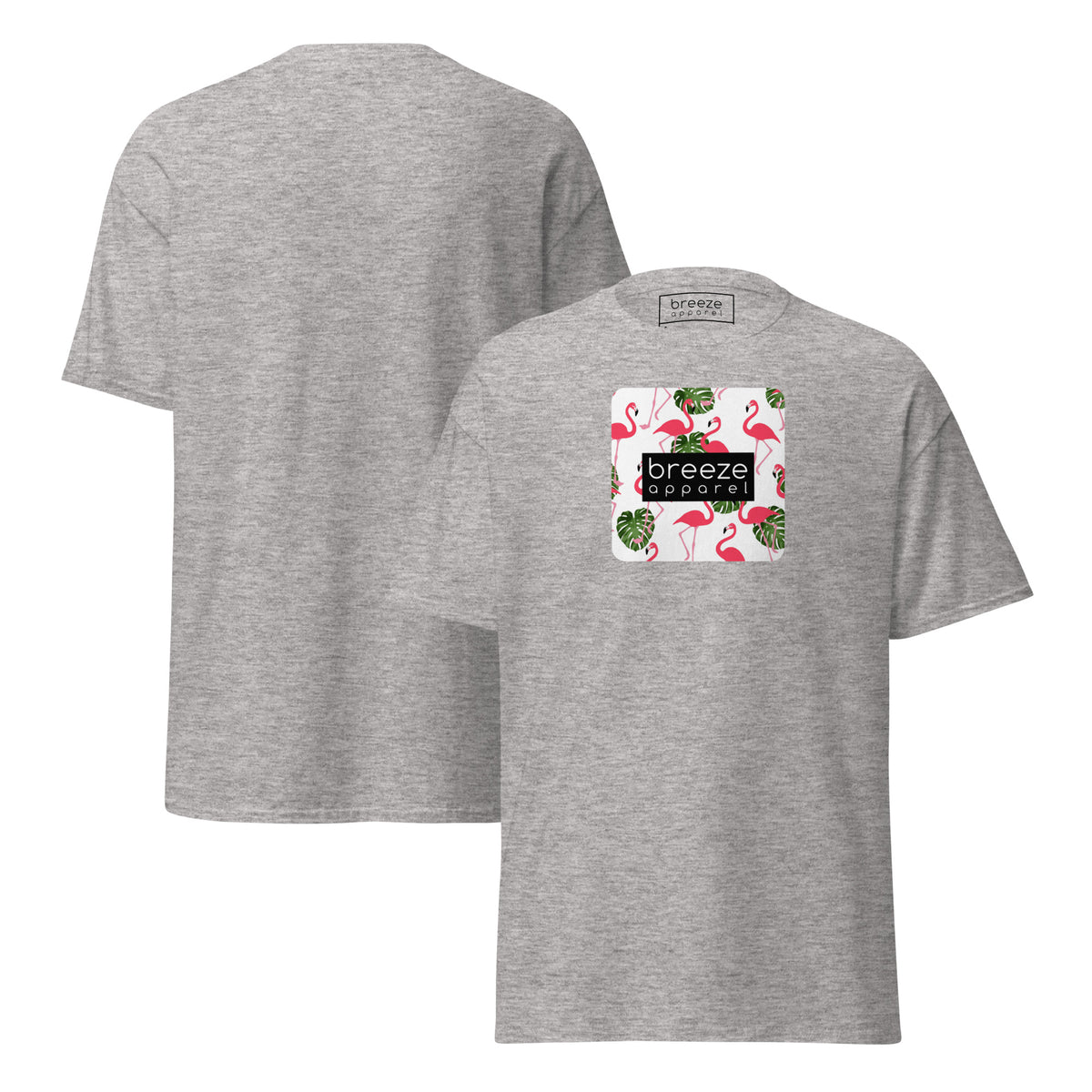 Gray t-shirt with pattern of flamingos inside of a square, overlaid with a black box with 'breeze apparel' in white inside. Plain backside also shown.