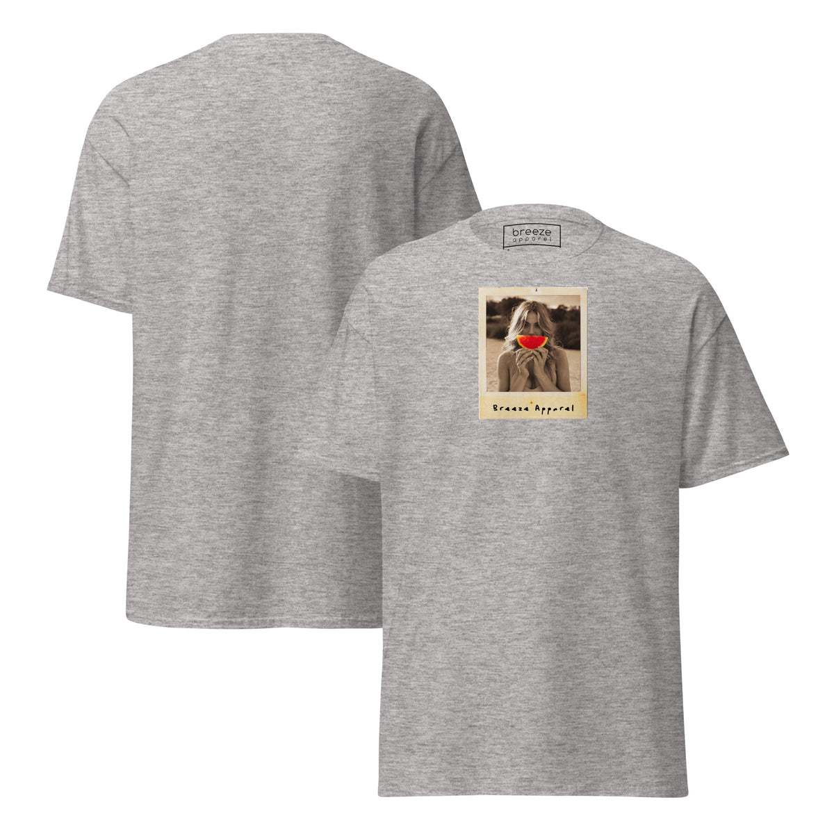 Gray t-shirt with graphic of woman holding a watermelon slice in front of her mouth. Plain back of shirt is also shown.