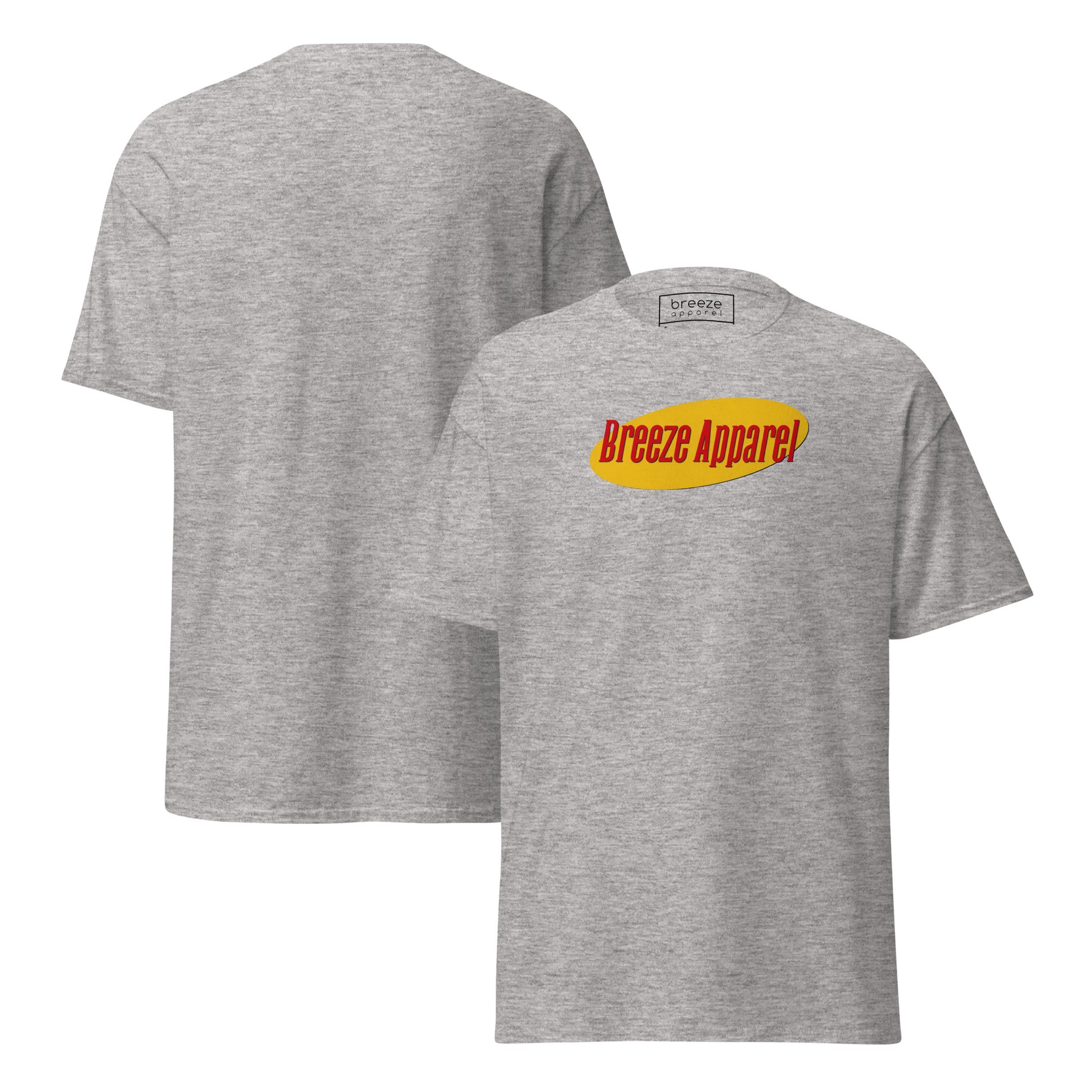 Gray t-shirt with graphic of 'Breeze Apparel' in red lettering over a yellow oval. Plain back also shown.