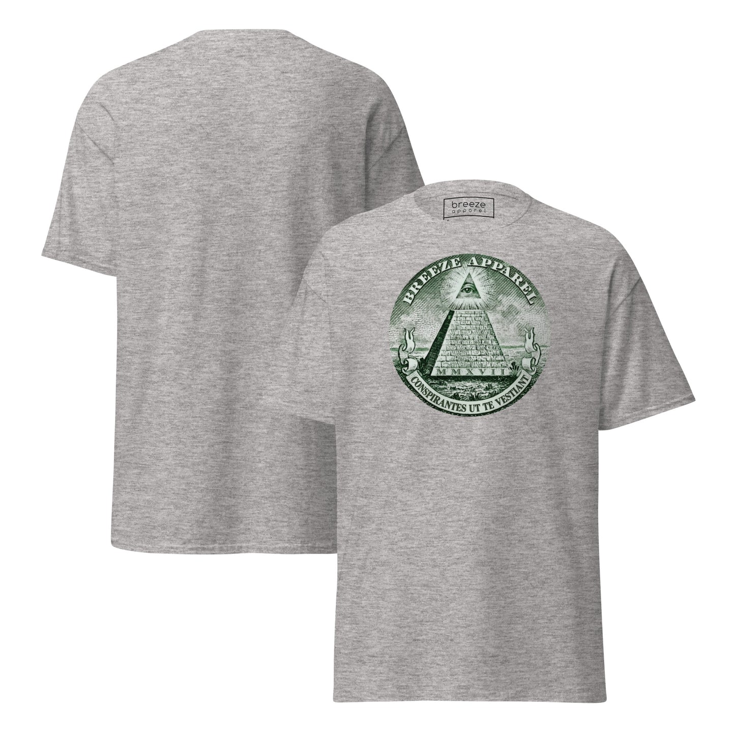 Gray t-shirt with graphic resembling pyramid from US one-dollar bill. Plain back of shirt also shown.