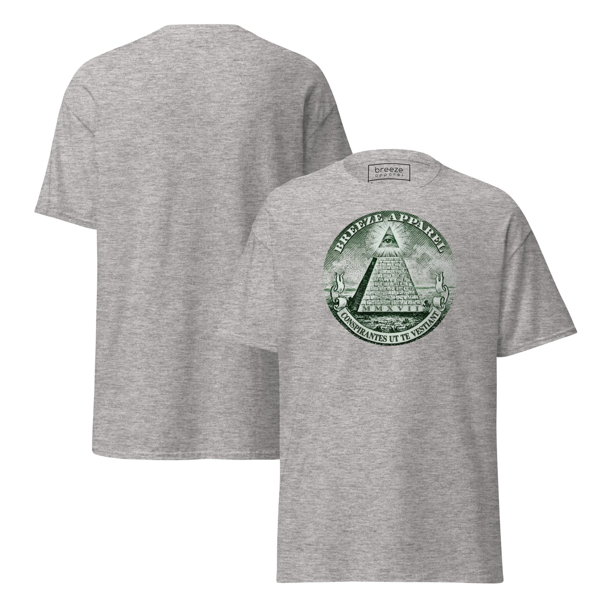 Gray t-shirt with graphic resembling pyramid from US one-dollar bill. Plain back of shirt also shown.
