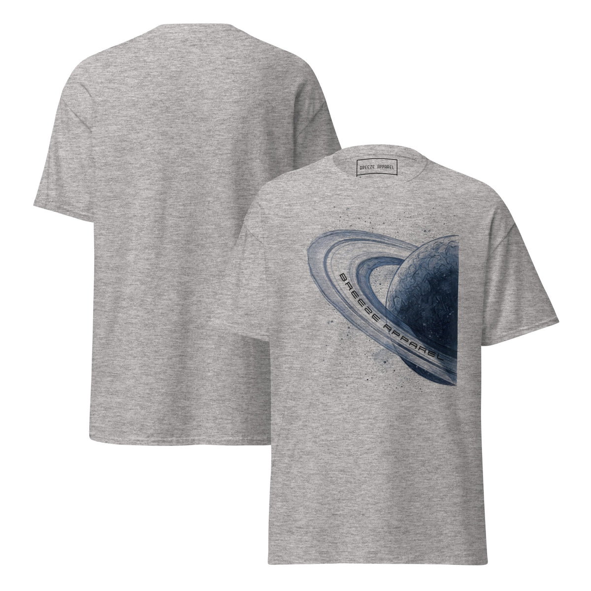 Gray t-shirt with graphic of blue planet. Plain back also shown.