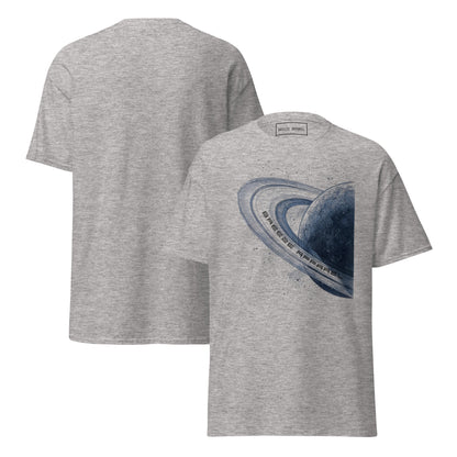 Gray t-shirt with graphic of blue planet. Plain back also shown.