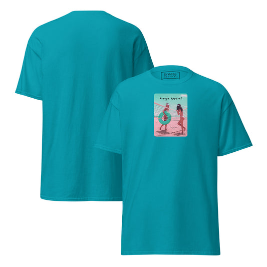 Blue t-shirt with graphic of two women on beach. Plain back also shown.