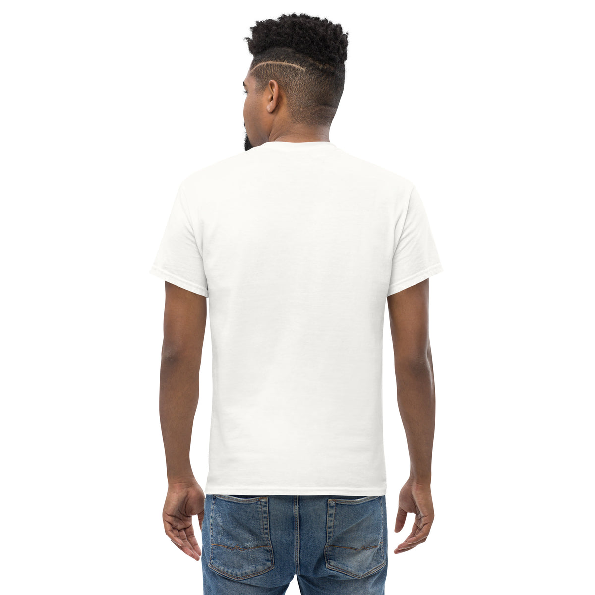Rear view of man wearing white t-shirt.