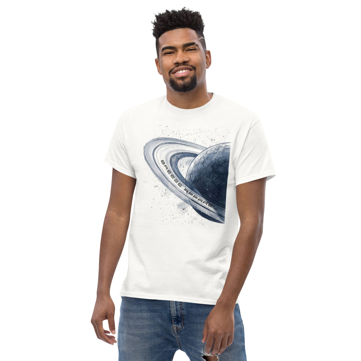 Man wearing white t-shirt with graphic of blue planet.