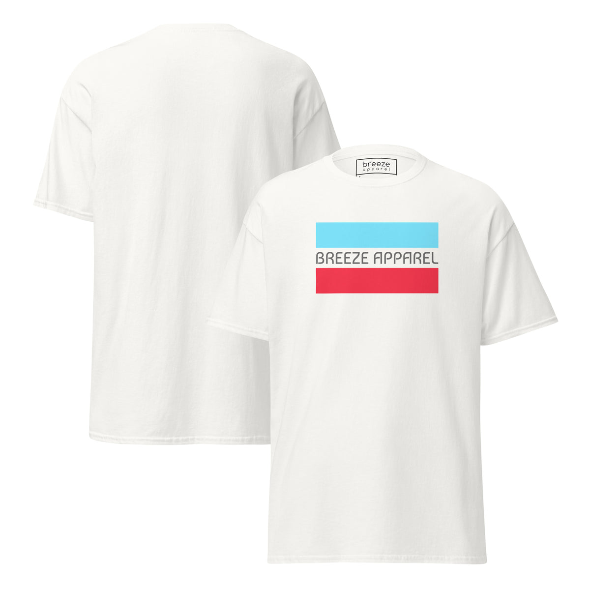 White t-shirt with gray 'Breeze Apparel' logo between horizontal bars, the top being light blue and the bottom being red. Plain backside also shown.