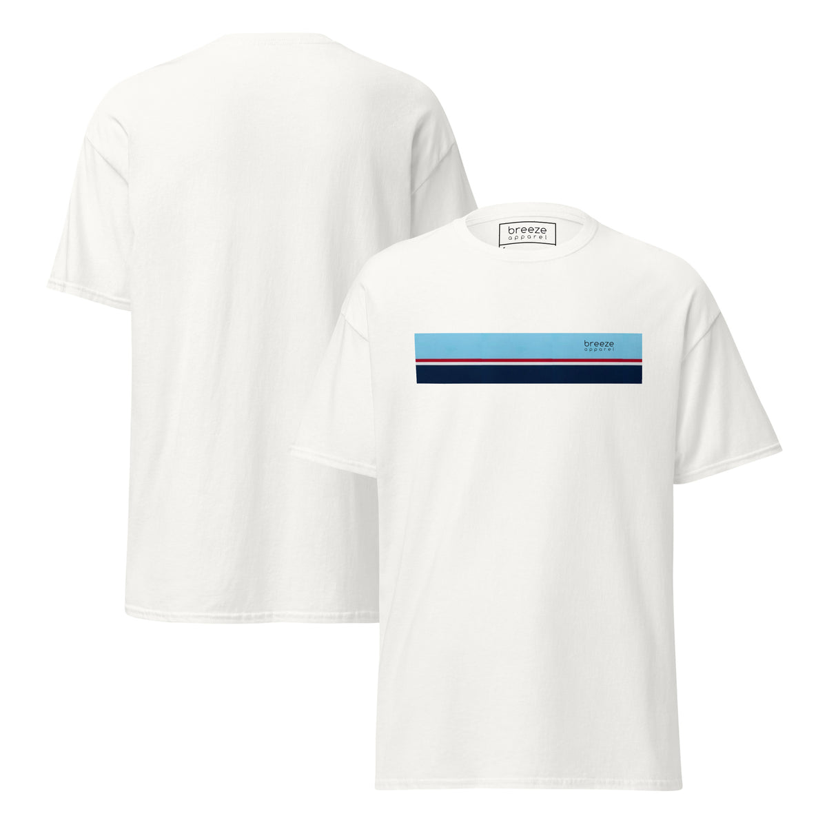 White t-shirt with horizontal blue, red, white, and navy stripe with small black 'breeze apparel' logo. Plain backside also shown.