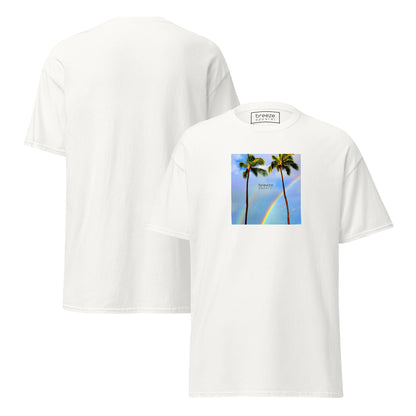 White t-shirt with a graphic of palm trees, rainbow, and a clear blue sky in the background. A small, black 'breeze apparel' logo is between the trees. Plain backside also shown.