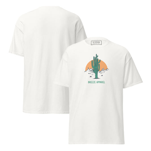 White t-shirt with a graphic of a cactus and sunset, with 'Breeze Apparel' written in green below. Plain backside also shown.