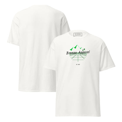 White t-shirt with 'Breeze Apparel' logo set on a graphic of a grid, palm trees, and mountains. Plain backside also shown.