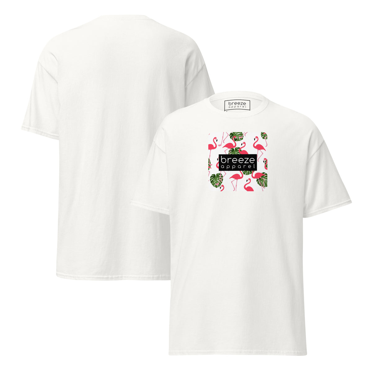 White t-shirt with pattern of flamingos inside of a square, overlaid with a black box with 'breeze apparel' in white inside. Plain backside also shown.