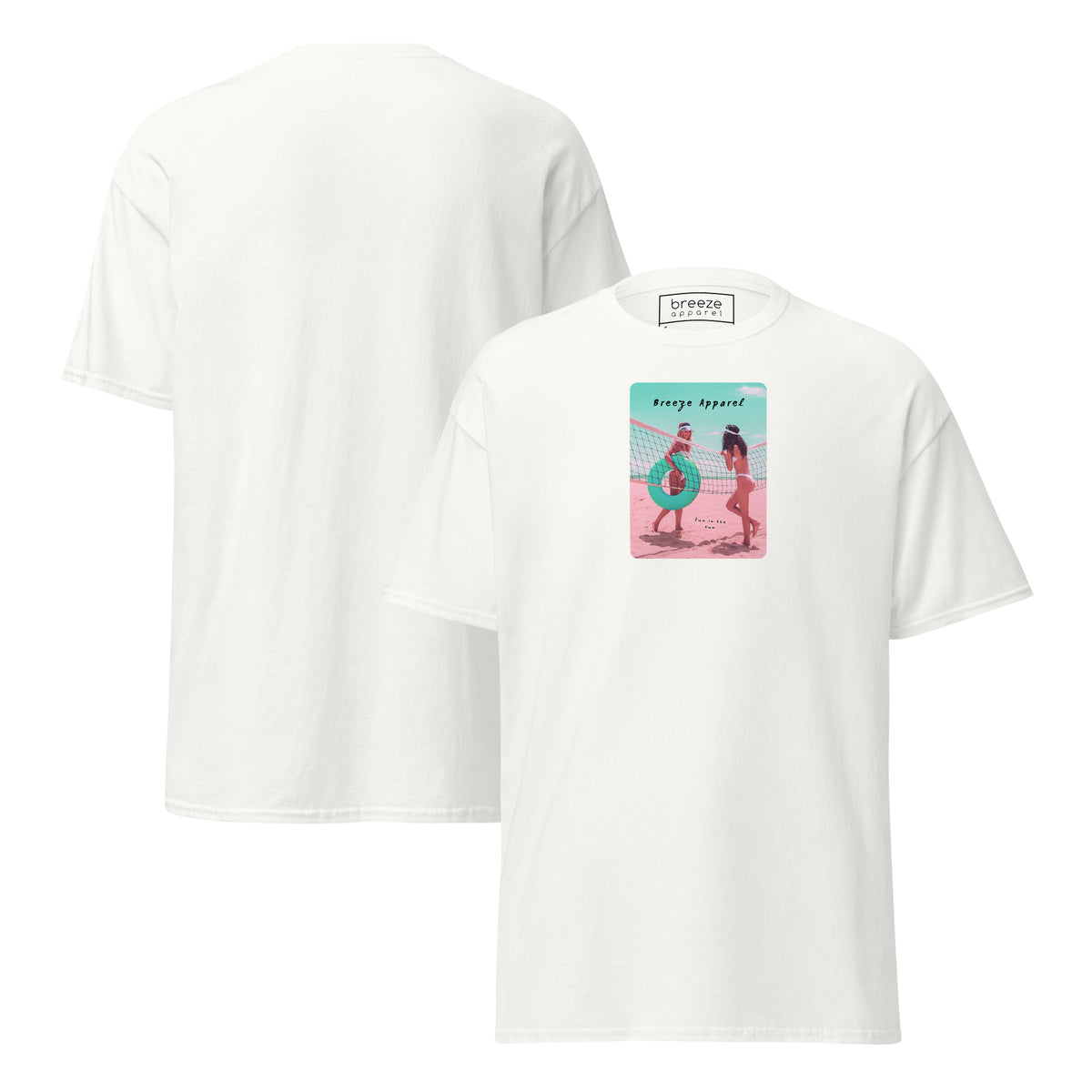 White t-shirt with graphic of two women on beach. Plain back also shown.