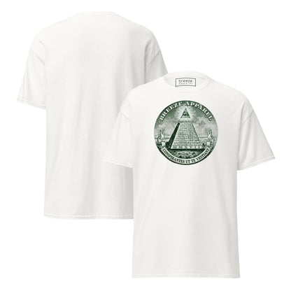 White t-shirt with graphic resembling pyramid from US one-dollar bill. Plain back of shirt also shown.
