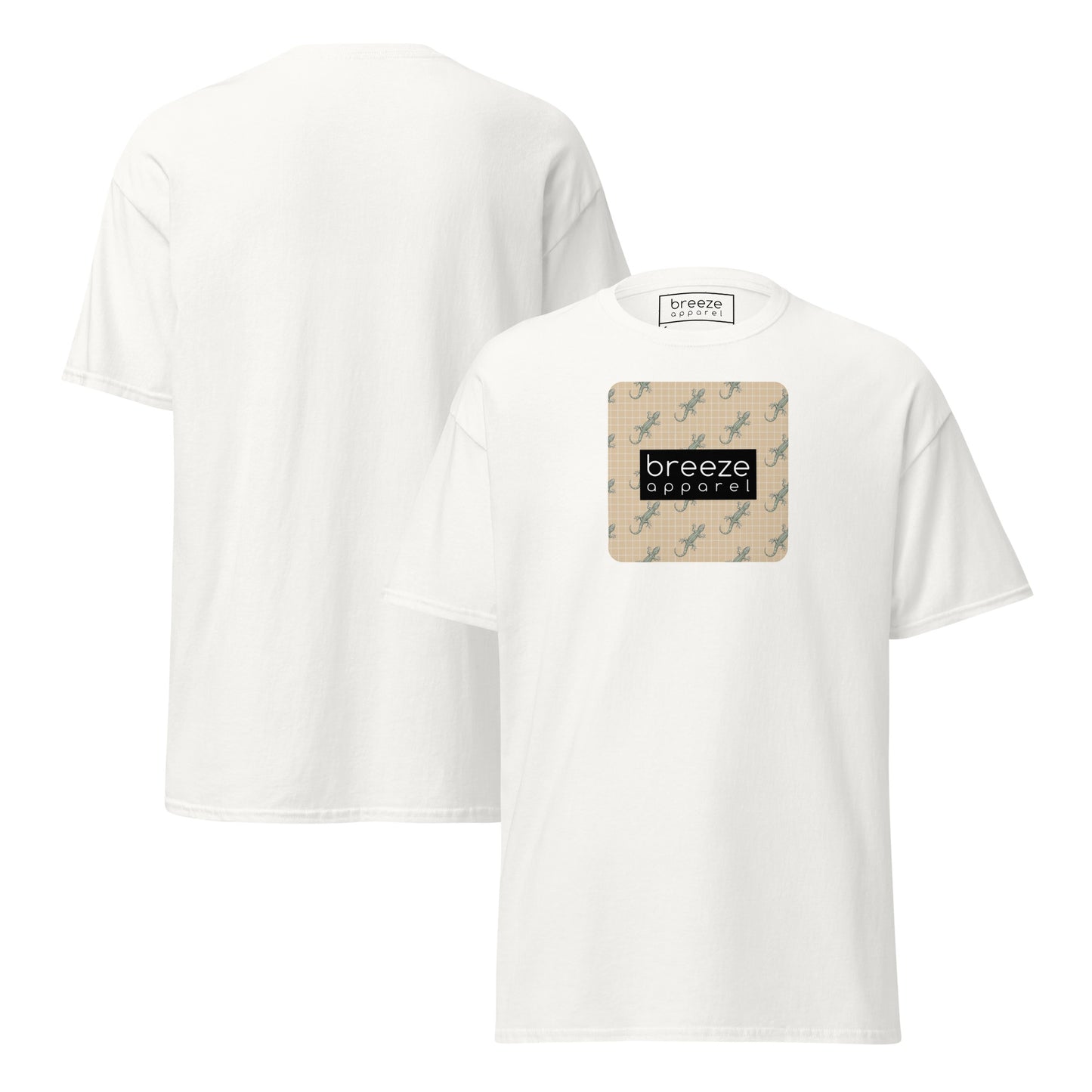 White t-shirt with square over chest that contains pattern of green geckos set on beige background, overlaid with black, rectangular logo with white lettering. Plain backside also shown.