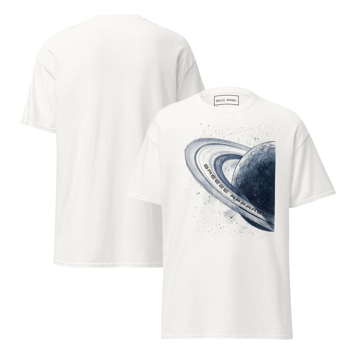 White t-shirt with graphic of blue planet. Plain back also shown.
