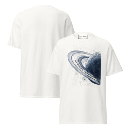 White t-shirt with graphic of blue planet. Plain back also shown.