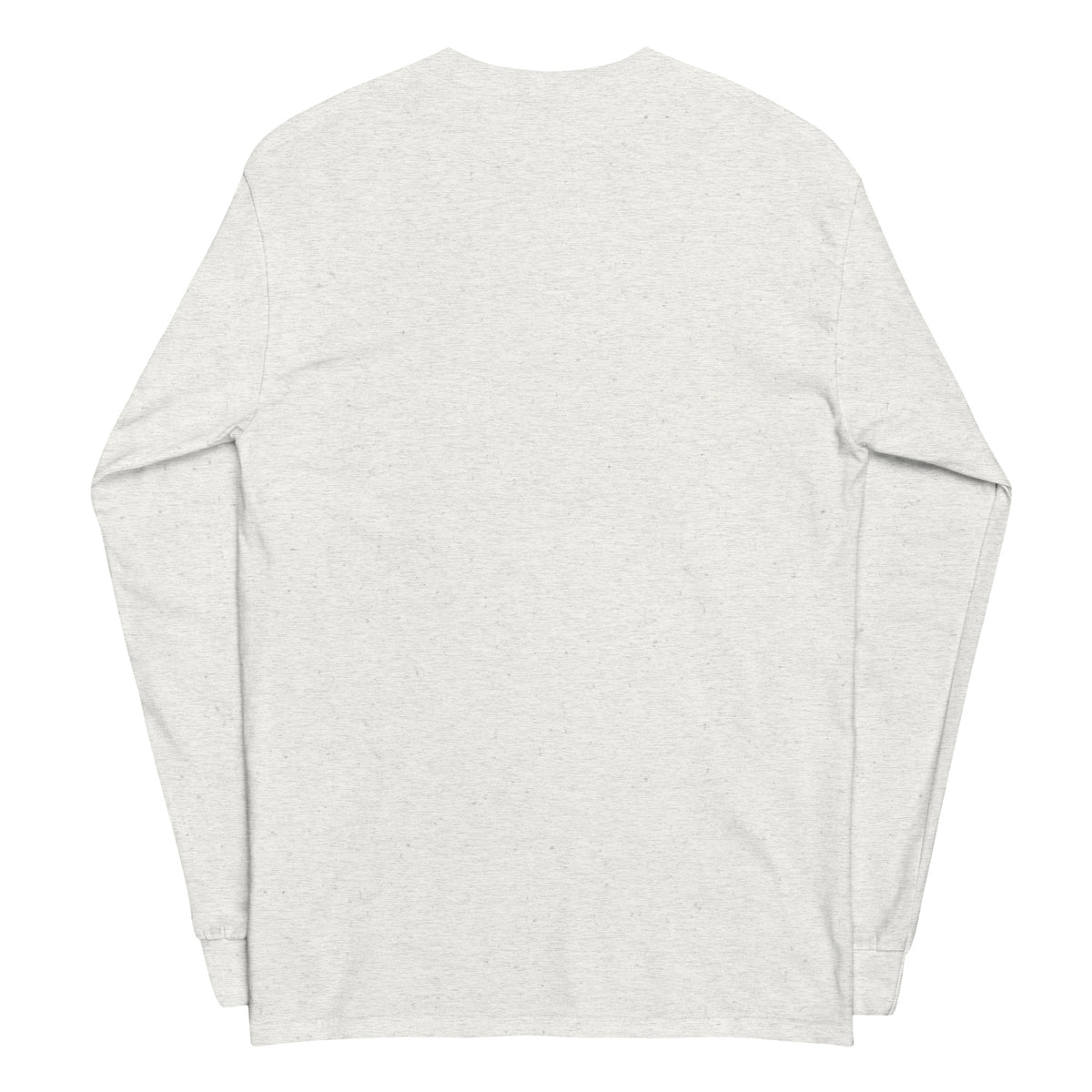 Plain back of light-gray long-sleeved shirt.