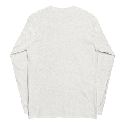Plain back of light-gray long-sleeved shirt.