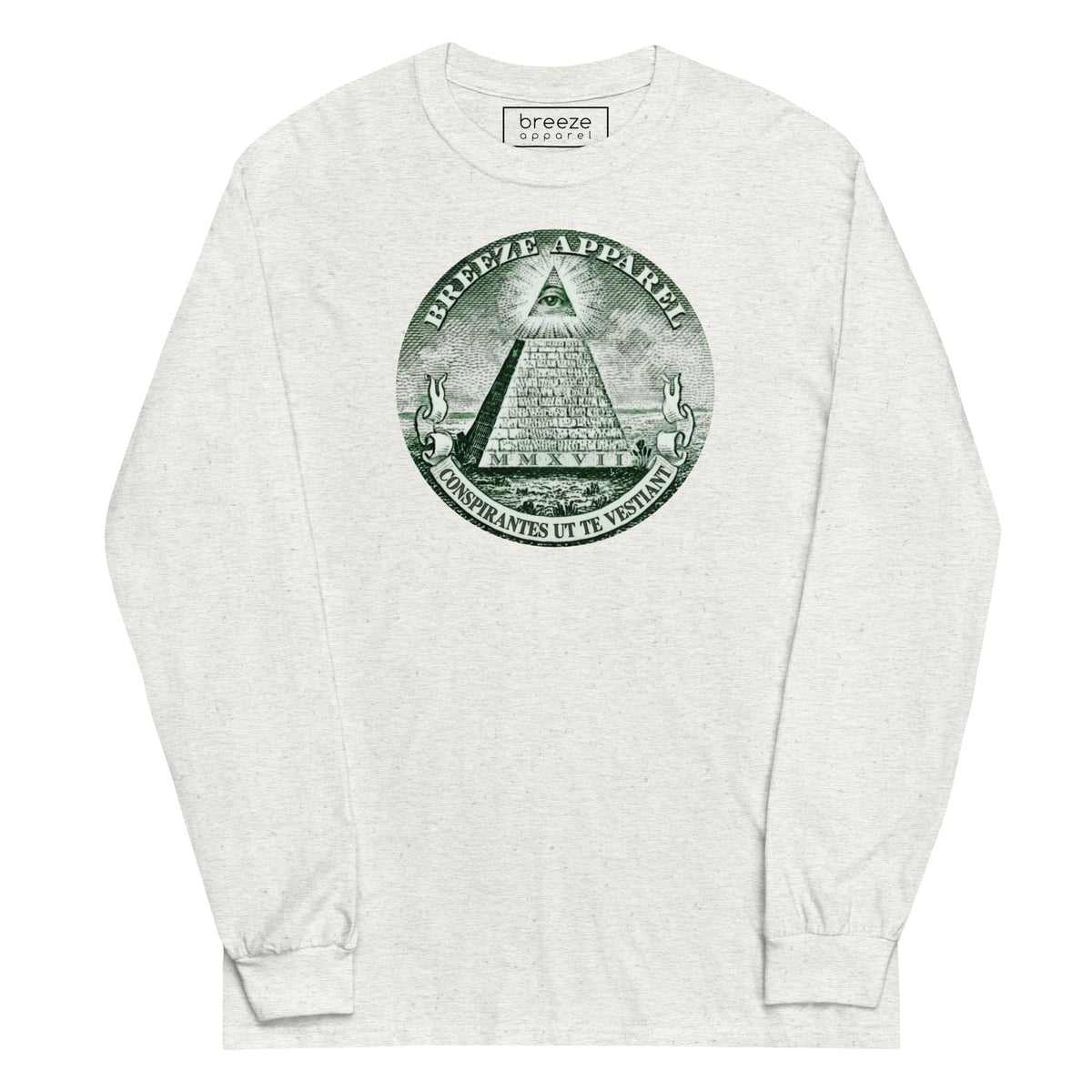 White, long-sleeved shirt with graphic of pyramid resembling that of the US one-dollar bill.