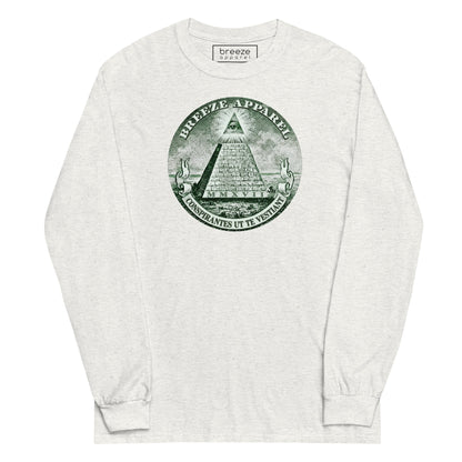 White, long-sleeved shirt with graphic of pyramid resembling that of the US one-dollar bill.