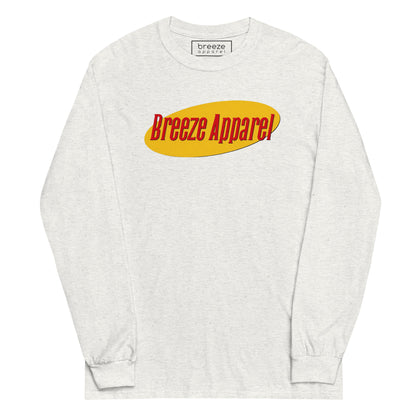Light-gray long-sleeved shirt with graphic of "Breeze Apparel" in red lettering set on a yellow oval.