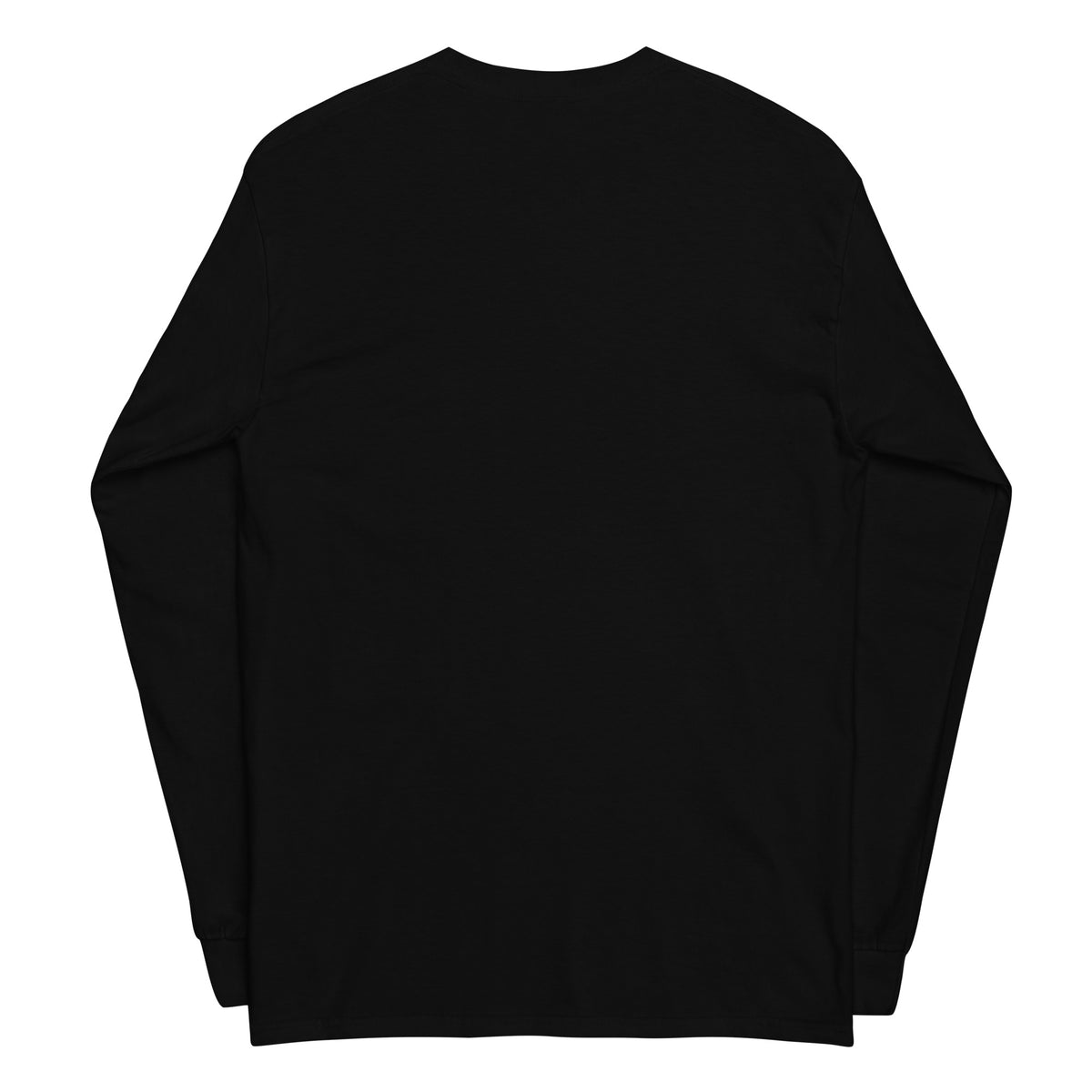 Plain back of black long-sleeved shirt.