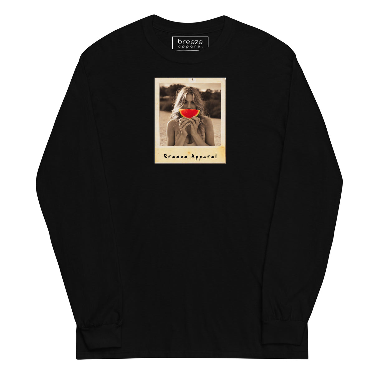 Black long-sleeved shirt with graphic of woman holding a watermelon slice in front of her mouth.