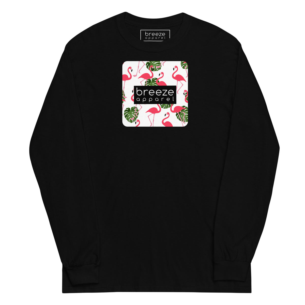 Black long-sleeved shirt with pattern of flamingos inside of a square, overlaid with a black box with 'breeze apparel' in white inside.