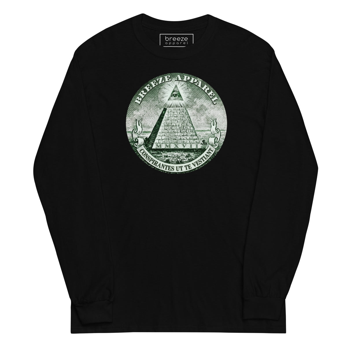Black, long-sleeved shirt with graphic of pyramid resembling that of the US one-dollar bill.