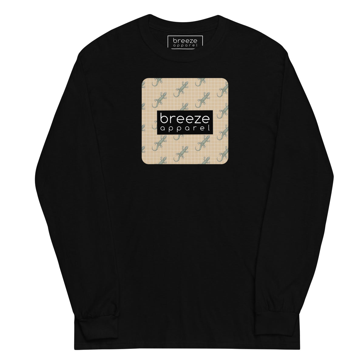 Black, long-sleeved shirt with square over chest that contains pattern of green geckos set on beige background, overlaid with black, rectangular logo with white lettering.