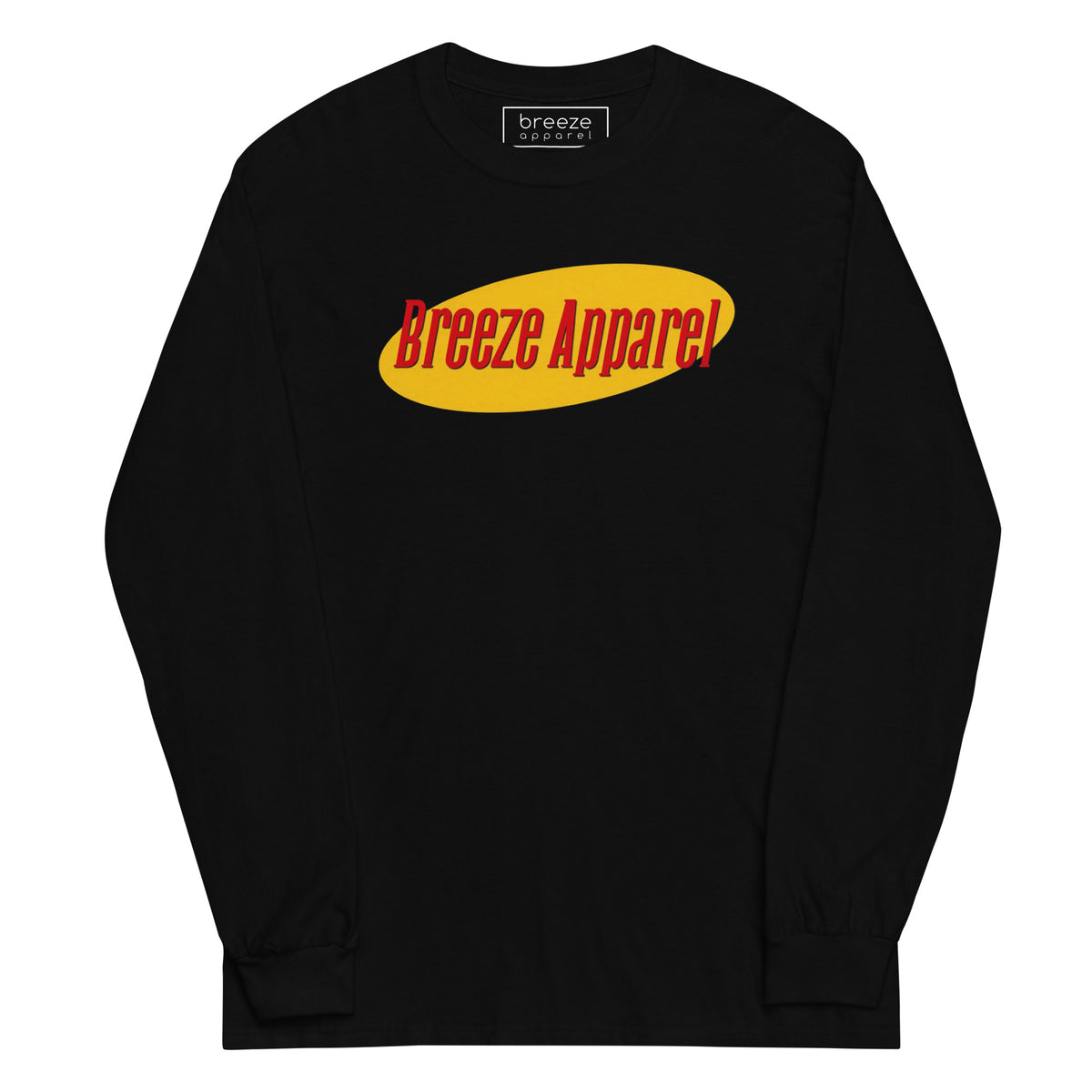 Black long-sleeved shirt with graphic of "Breeze Apparel" in red lettering set on a yellow oval.