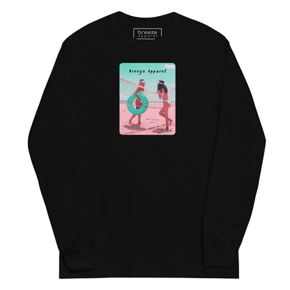 Black long-sleeved shirt with colorful graphic of two women on the beach.