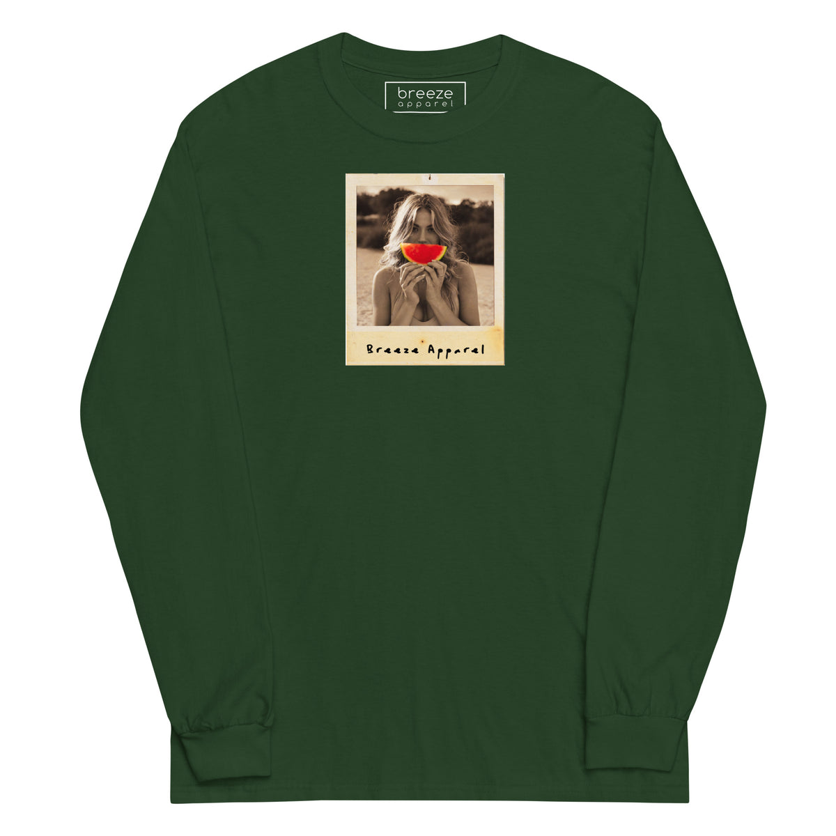 Forest-green long-sleeved shirt with graphic of woman holding a watermelon slice in front of her mouth.
