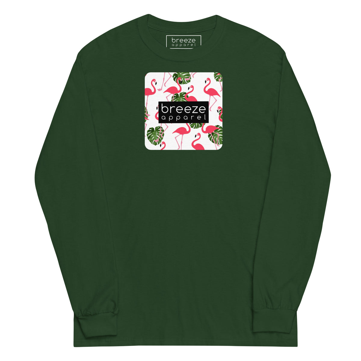 Forest-green long-sleeved shirt with pattern of flamingos inside of a square, overlaid with a black box with 'breeze apparel' in white inside.