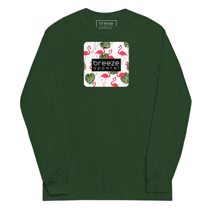 Forest-green long-sleeved shirt with pattern of flamingos inside of a square, overlaid with a black box with 'breeze apparel' in white inside.