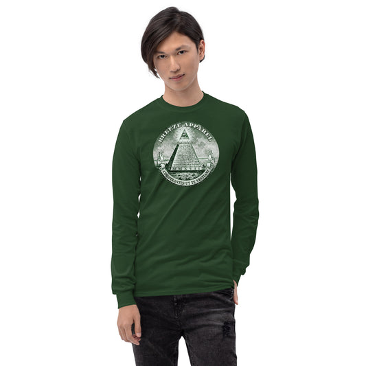 Man wearing green, long-sleeved shirt with graphic of pyramid resembling that of the US one-dollar bill.