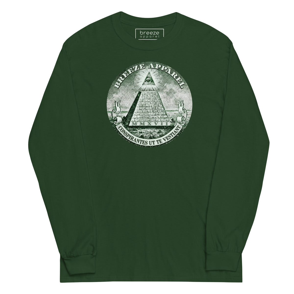 Green, long-sleeved shirt with graphic of pyramid resembling that of the US one-dollar bill.