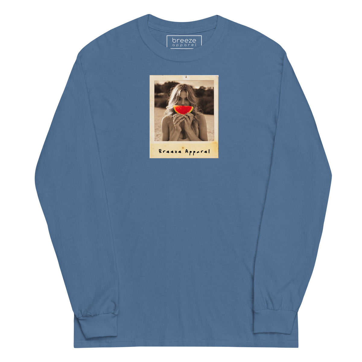 Blue long-sleeved shirt with graphic of woman holding a watermelon slice in front of her mouth.