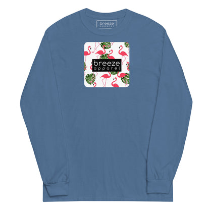 Indigo-blue long-sleeved shirt with pattern of flamingos inside of a square, overlaid with a black box with 'breeze apparel' in white inside.