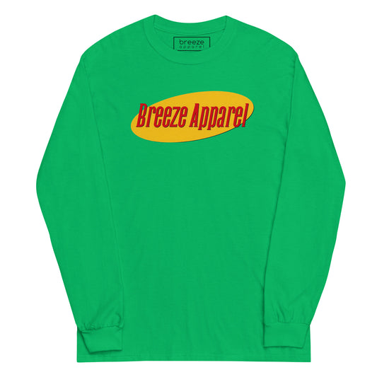 Green long-sleeved shirt with graphic of "Breeze Apparel" in red lettering set on a yellow oval.