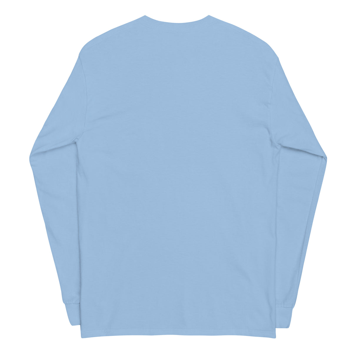 Plain back of light-blue long-sleeved shirt.