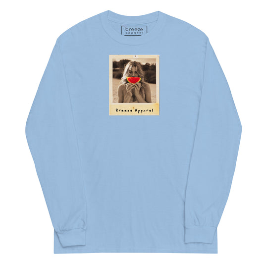 Light-blue long-sleeved shirt with graphic of woman holding a watermelon slice in front of her mouth.