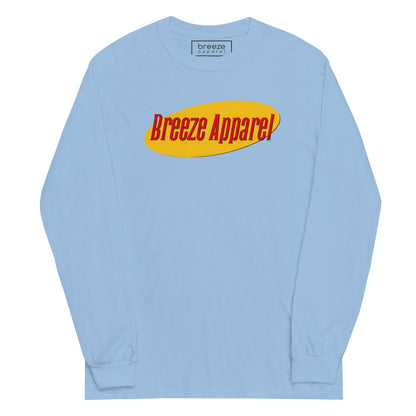Light-blue long-sleeved shirt with graphic of "Breeze Apparel" in red lettering set on a yellow oval.