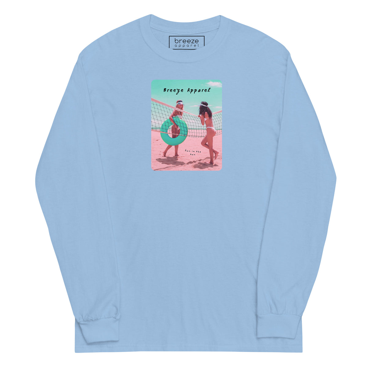 Blue long-sleeved shirt with colorful graphic of two women on the beach.